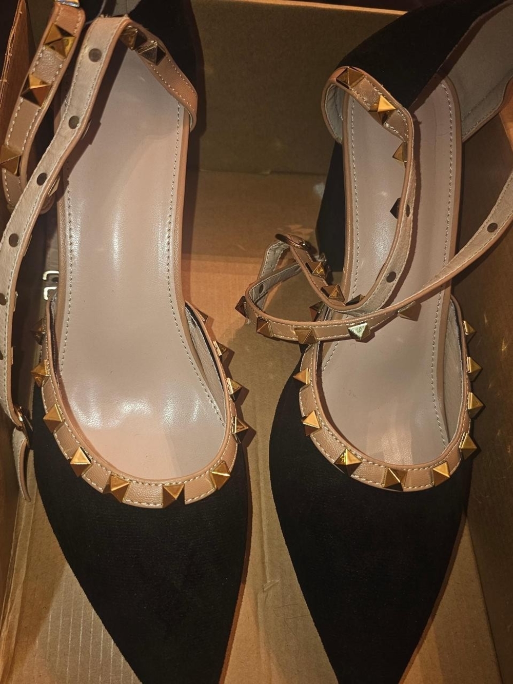 Studded Black Pointed-Toe Ankle-Strap Heels with Tan Trim